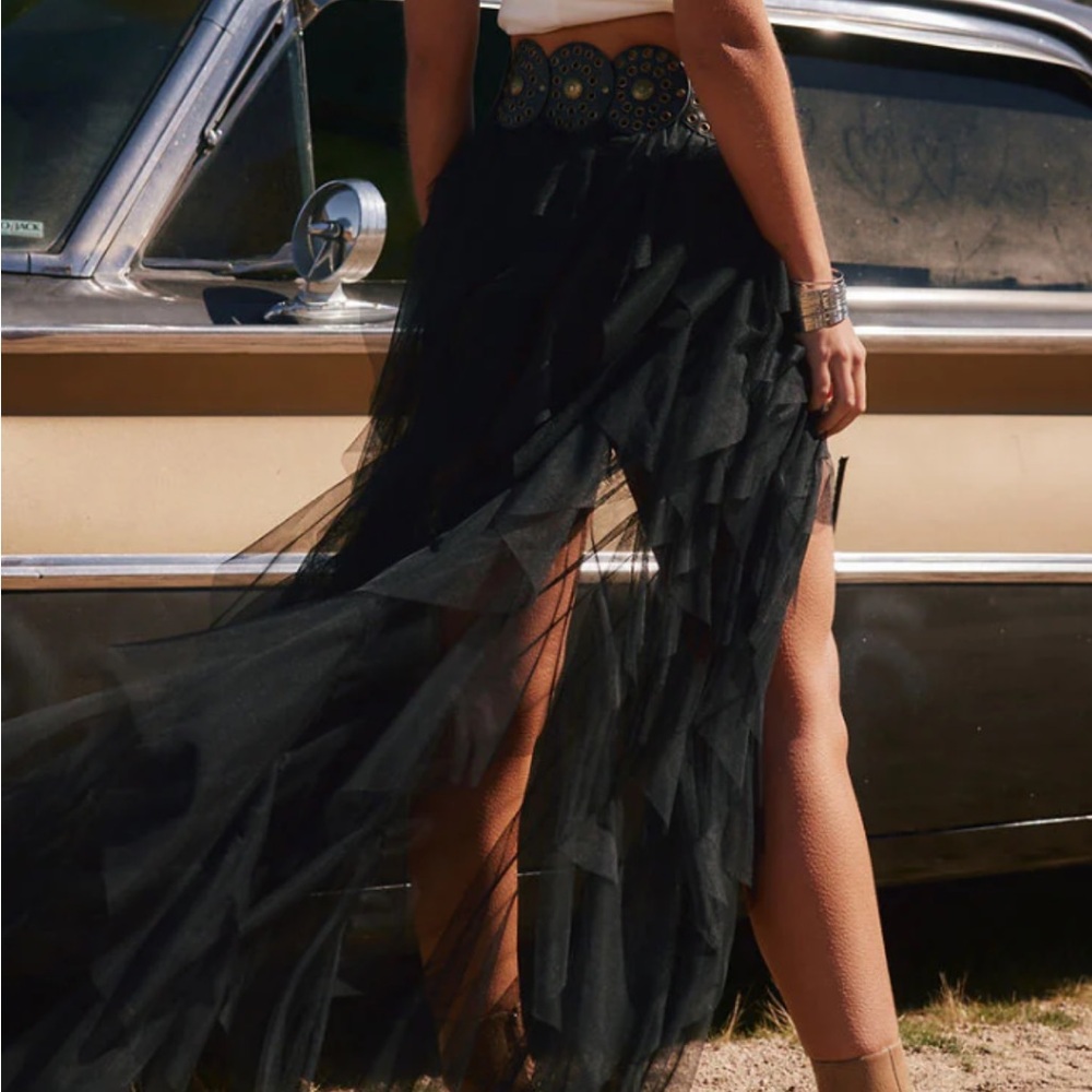 12th Tribe Black Layered Tulle Maxi Skirt with High Slit